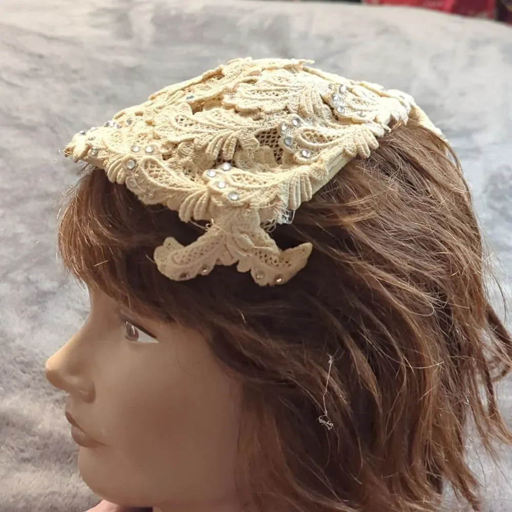 Vintage 1950's Womens Emporium Hat San Francisco New‎ York Rhinestones Cream - Picture 3 of 9